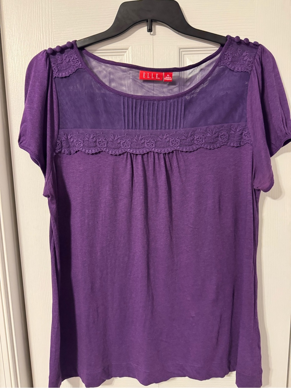 ELLE Purple Lace Yoke Short Sleeve Tee